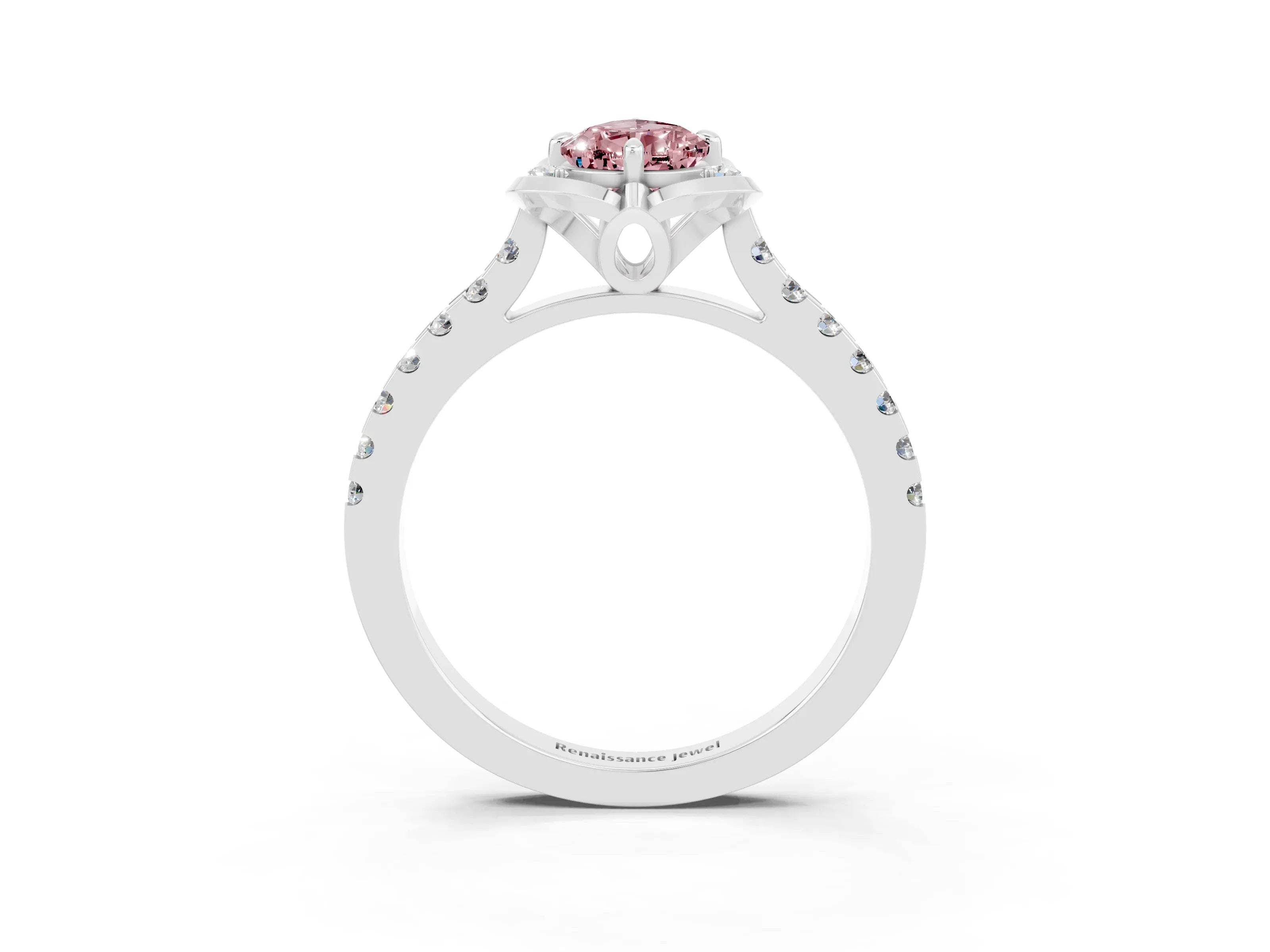 White gold Pear Cut Morganite Ring with Pavé Band and Floral Prong Setting_3