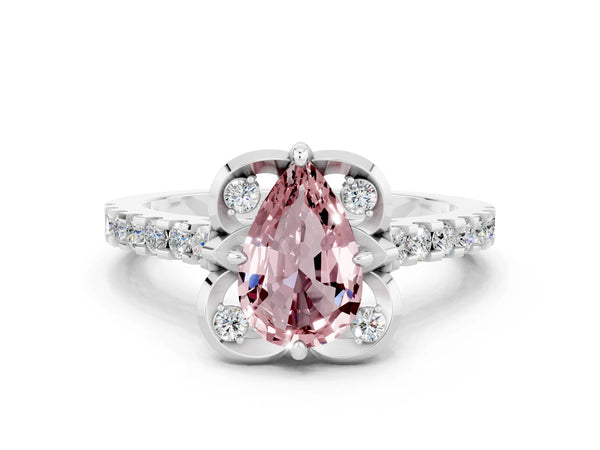 Silver Pear Cut Morganite Ring with Pavé Band and Floral Prong Setting