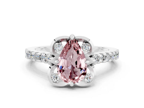 White gold Pear Cut Morganite Ring with Pavé Band and Floral Prong Setting