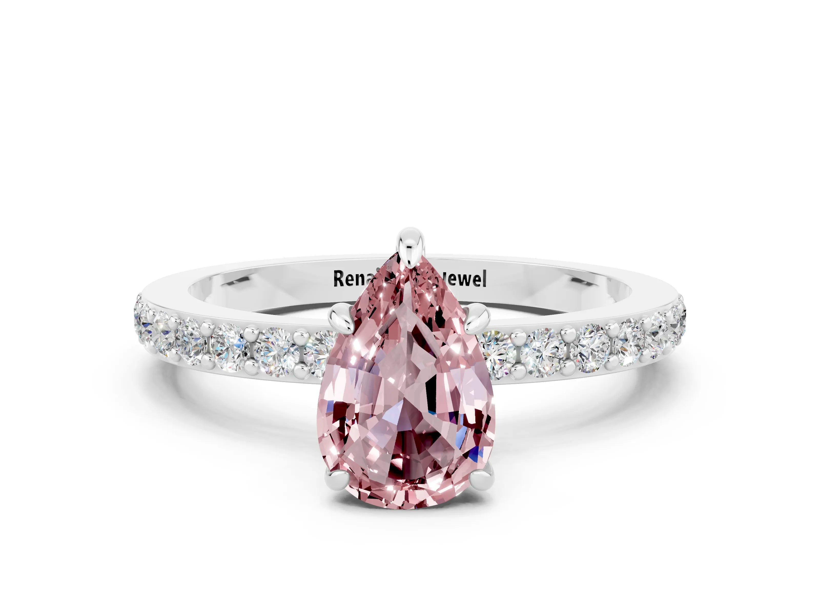 White gold Pear Cut Morganite Ring with Pavé Band and Four-Prong Setting