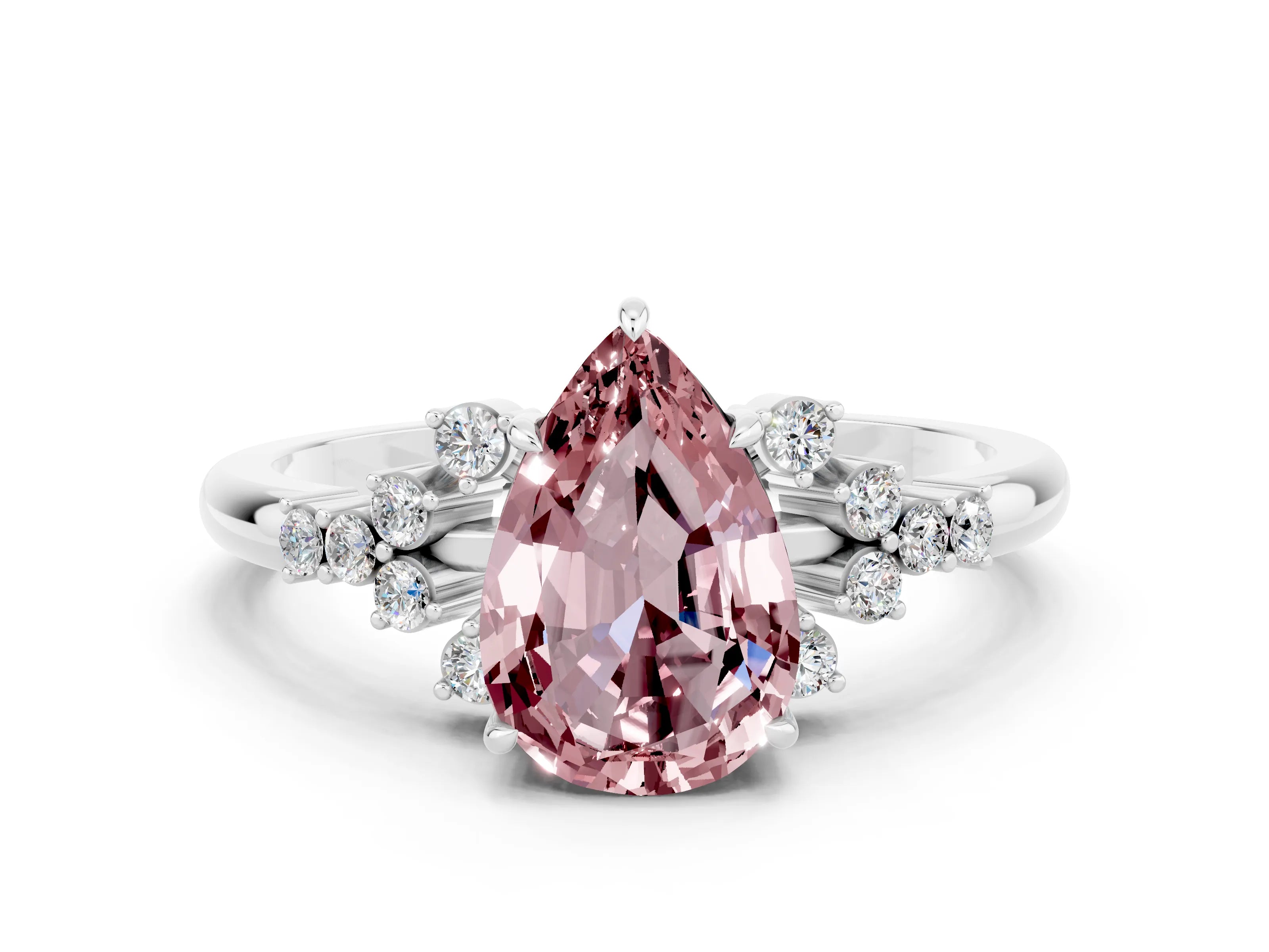 White gold Pear Cut Morganite Ring with Side Stones and Four-Prong Setting_36
