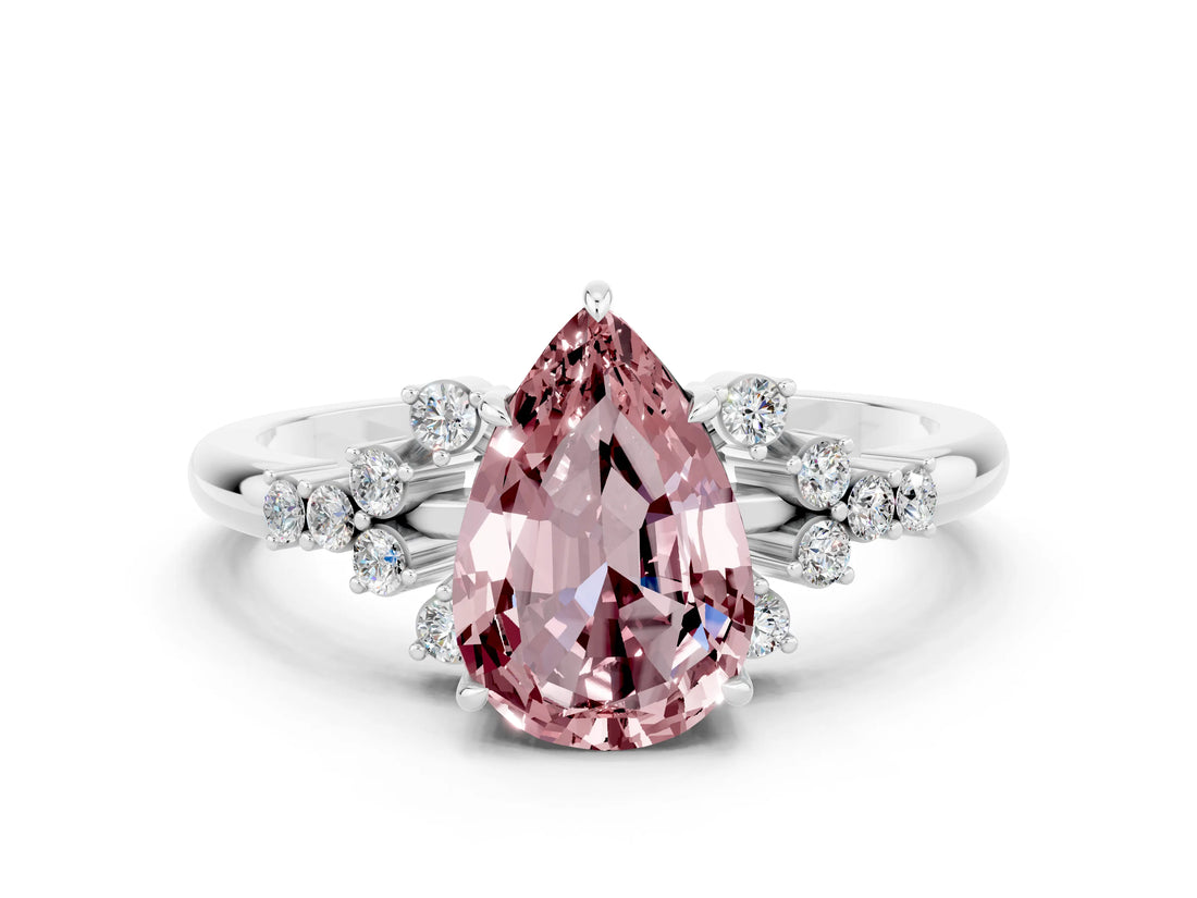 White gold Pear Cut Morganite Ring with Side Stones and Four-Prong Setting_36