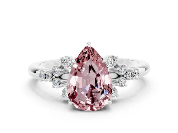White gold Pear Cut Morganite Ring with Side Stones and Four-Prong Setting