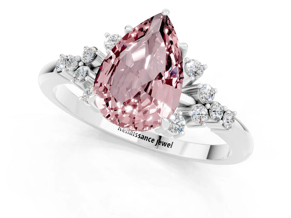 White gold Pear Cut Morganite Ring with Side Stones and Four-Prong Setting