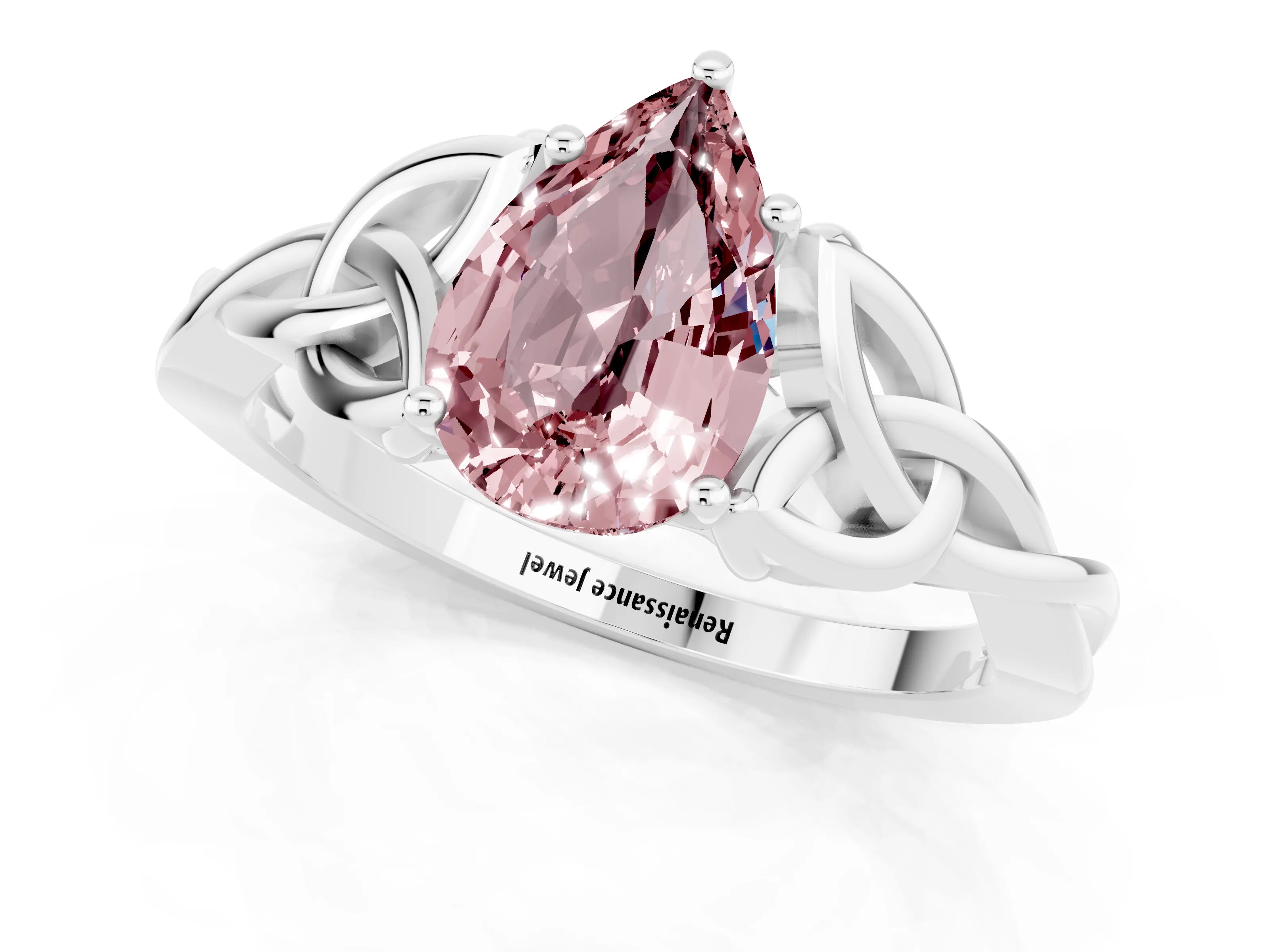 White gold Pear Cut Morganite Solitaire Celtic Knot Ring with Four-Prong Setting_13