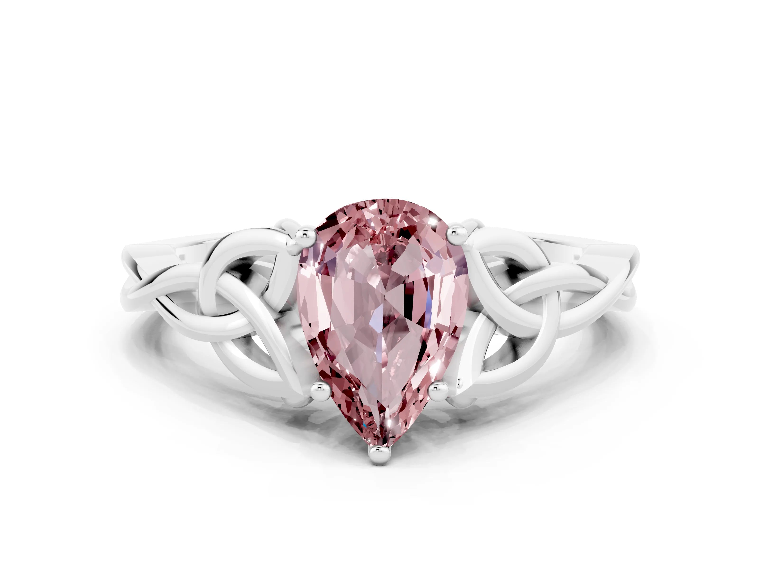 White gold Pear Cut Morganite Solitaire Engagement Ring with Celtic Knot Band and Four-Prong Setting