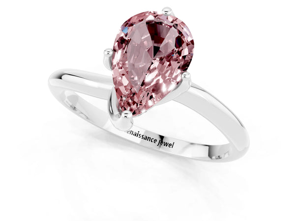 Silver Pear Cut Morganite Solitaire Engagement Ring with Four-Prong Setting and Classic Band
