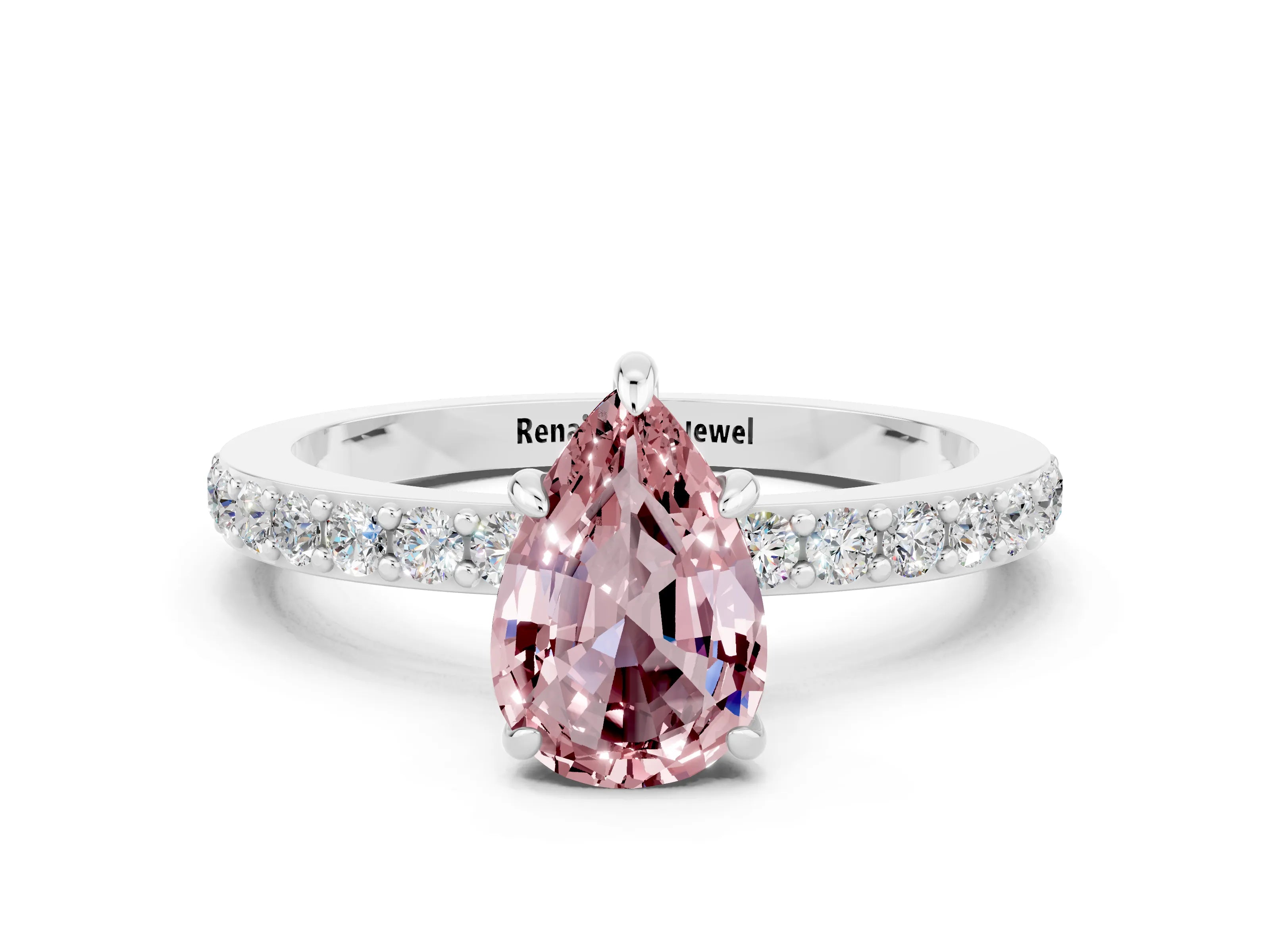 White gold Pear Cut Morganite Solitaire Engagement Ring with Pavé Band and Four-Prong Setting