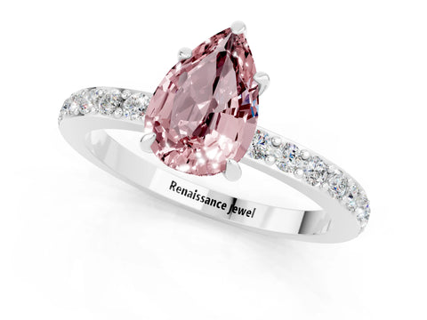 White gold Pear Cut Morganite Solitaire Engagement Ring with Pavé Band and Four-Prong Setting_1