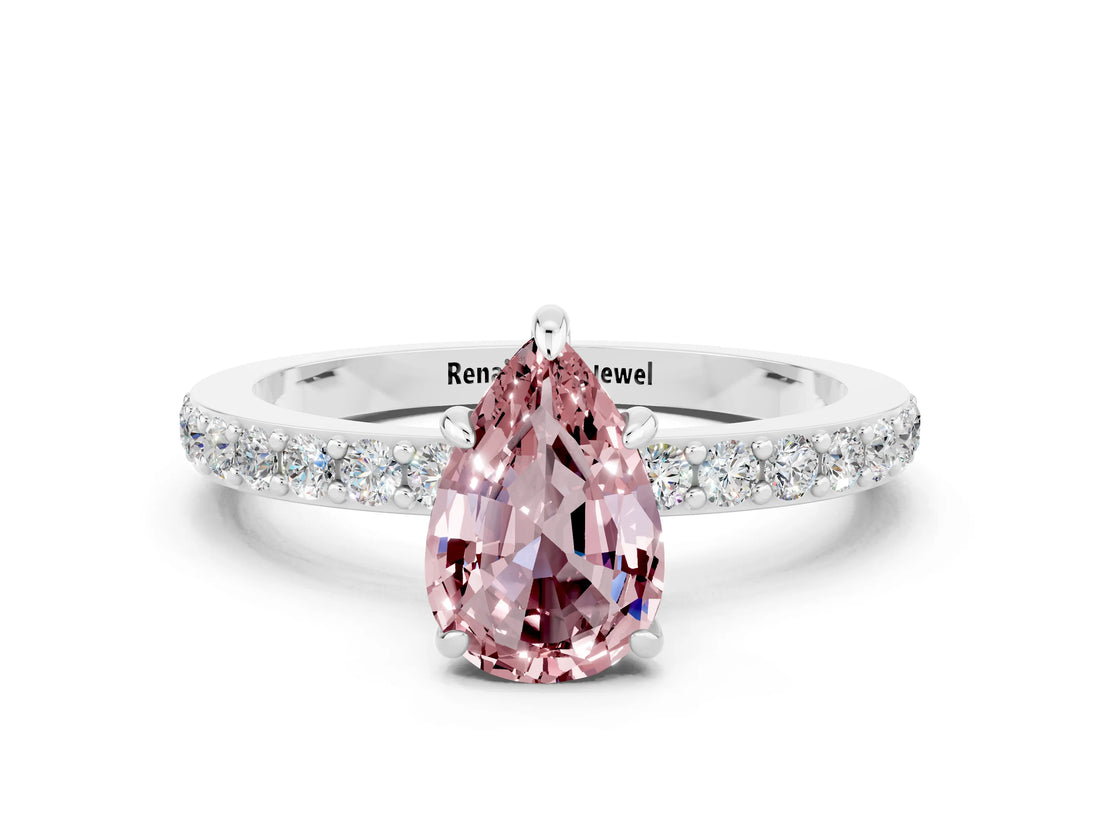 White gold Pear Cut Morganite Solitaire Engagement Ring with Pavé Band and Four-Prong Setting