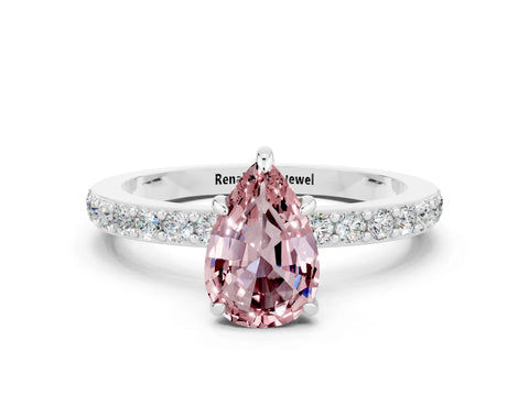 White gold Pear Cut Morganite Solitaire Engagement Ring with Pavé Band and Four-Prong Setting
