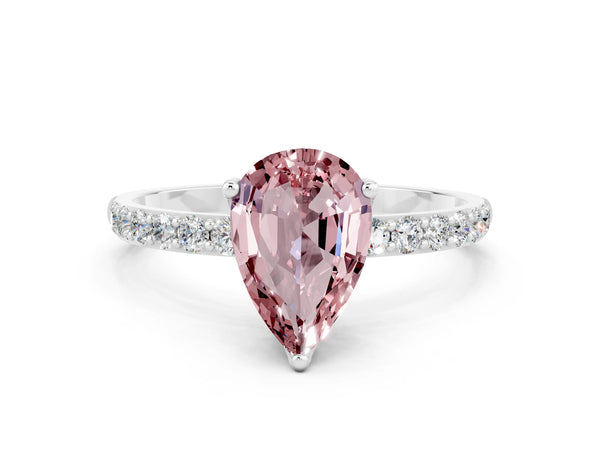 Platinum Pear Cut Morganite Solitaire Engagement Ring with Round  Pavé Band and Prong Setting