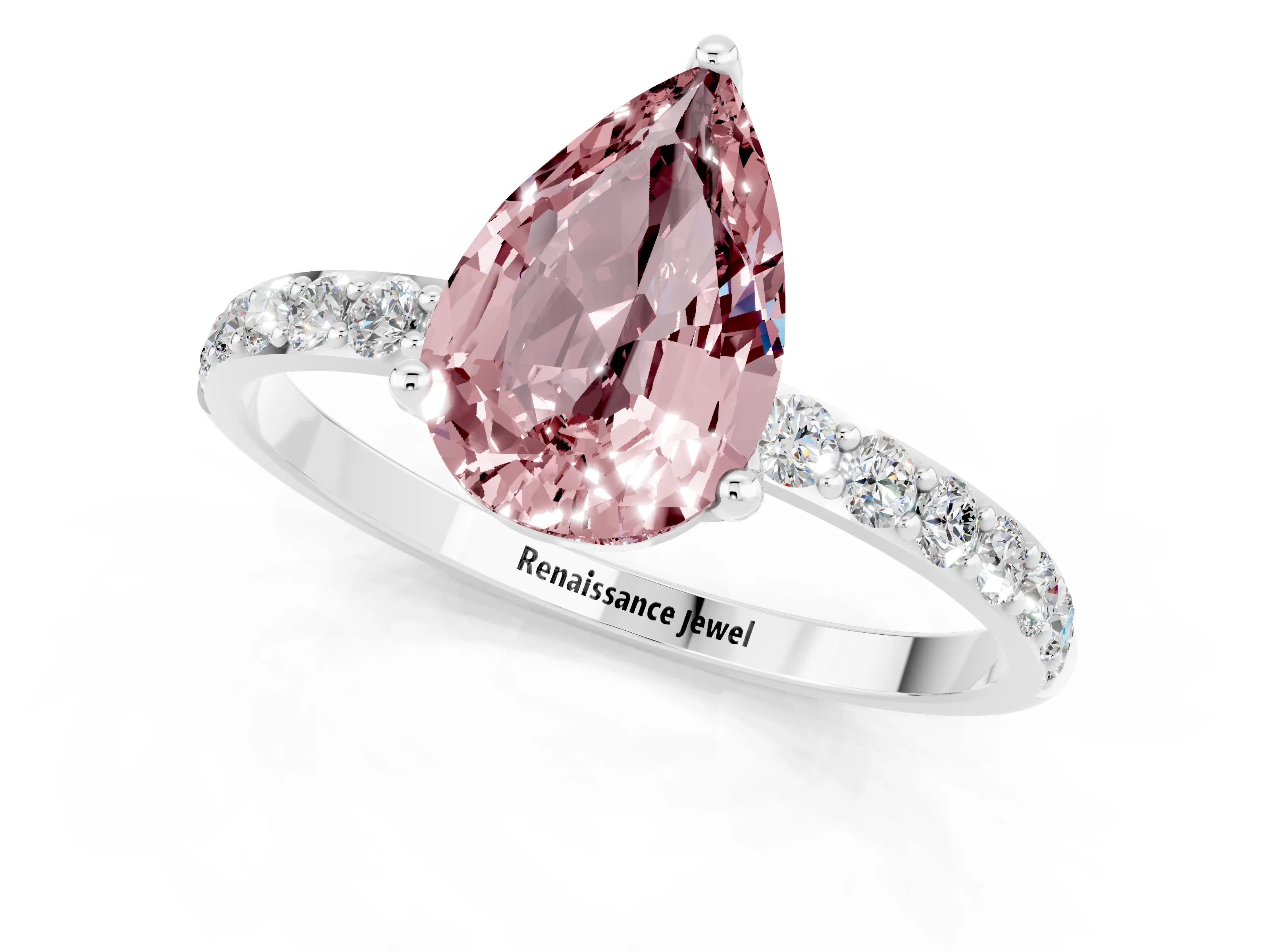 White gold Pear Cut Morganite Solitaire Engagement Ring with Pavé Band and Prong Setting_1