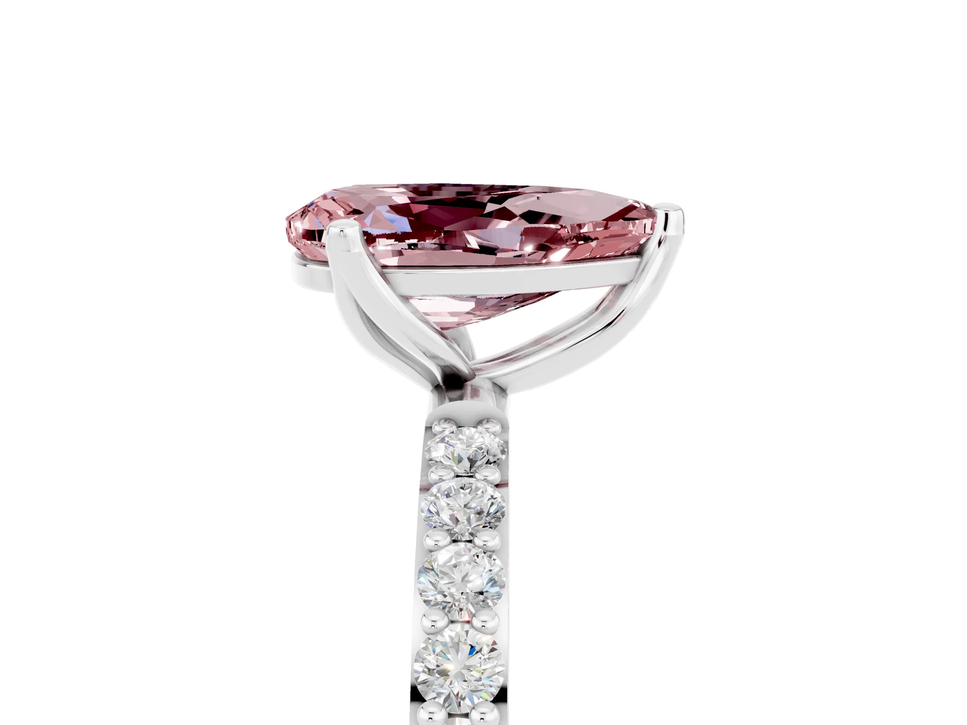 White gold Pear Cut Morganite Solitaire Engagement Ring with Pavé Band and Prong Setting_5