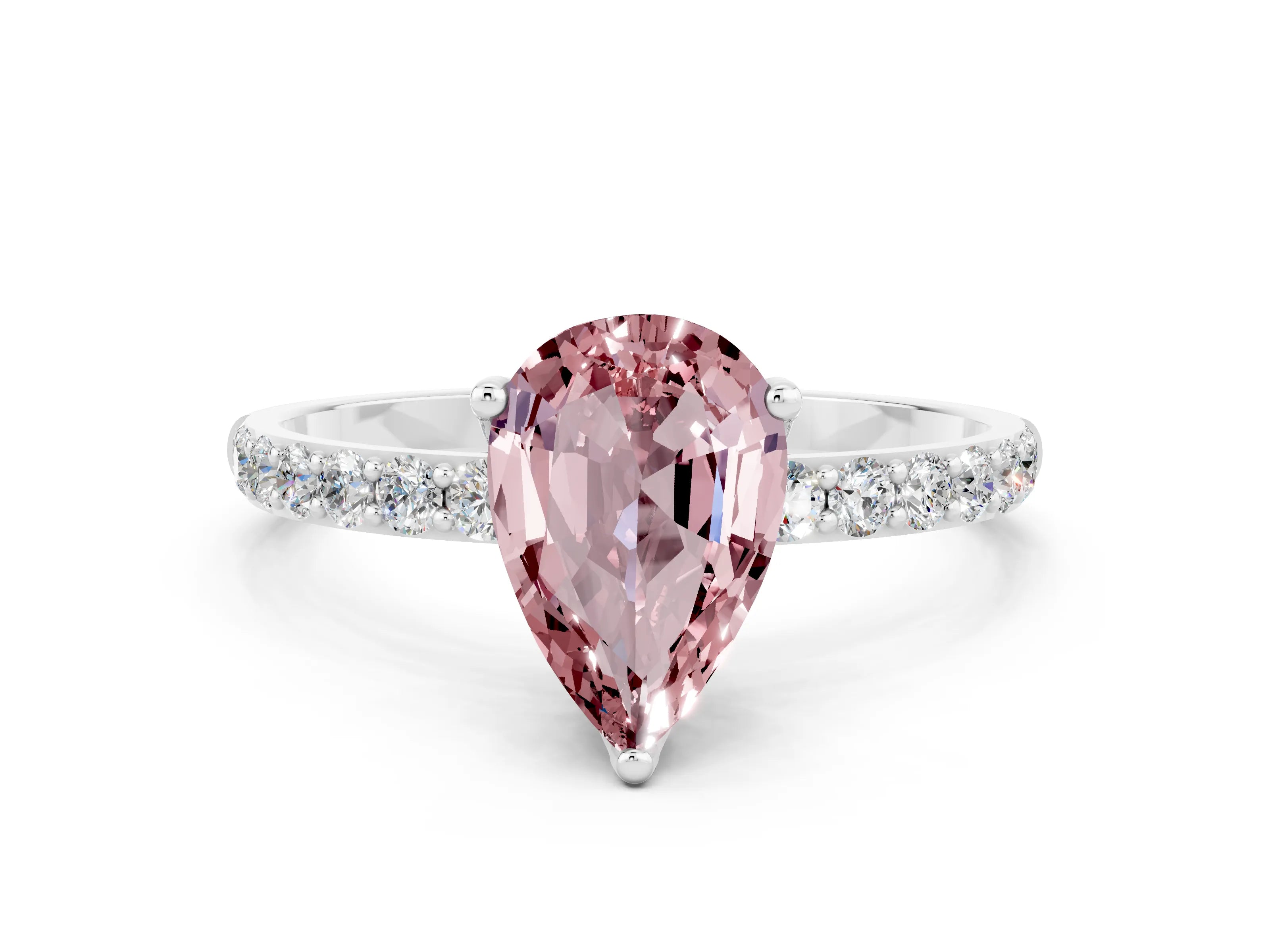 White gold Pear Cut Morganite Solitaire Engagement Ring with Pavé Band and Prong Setting