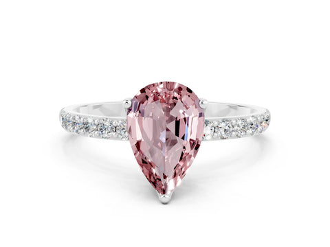 White gold Pear Cut Morganite Solitaire Engagement Ring with Pavé Band and Prong Setting