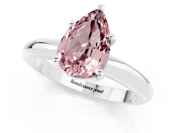 Platinum Pear Cut Morganite Solitaire Engagement Ring with Round Band and Four-Prong Setting