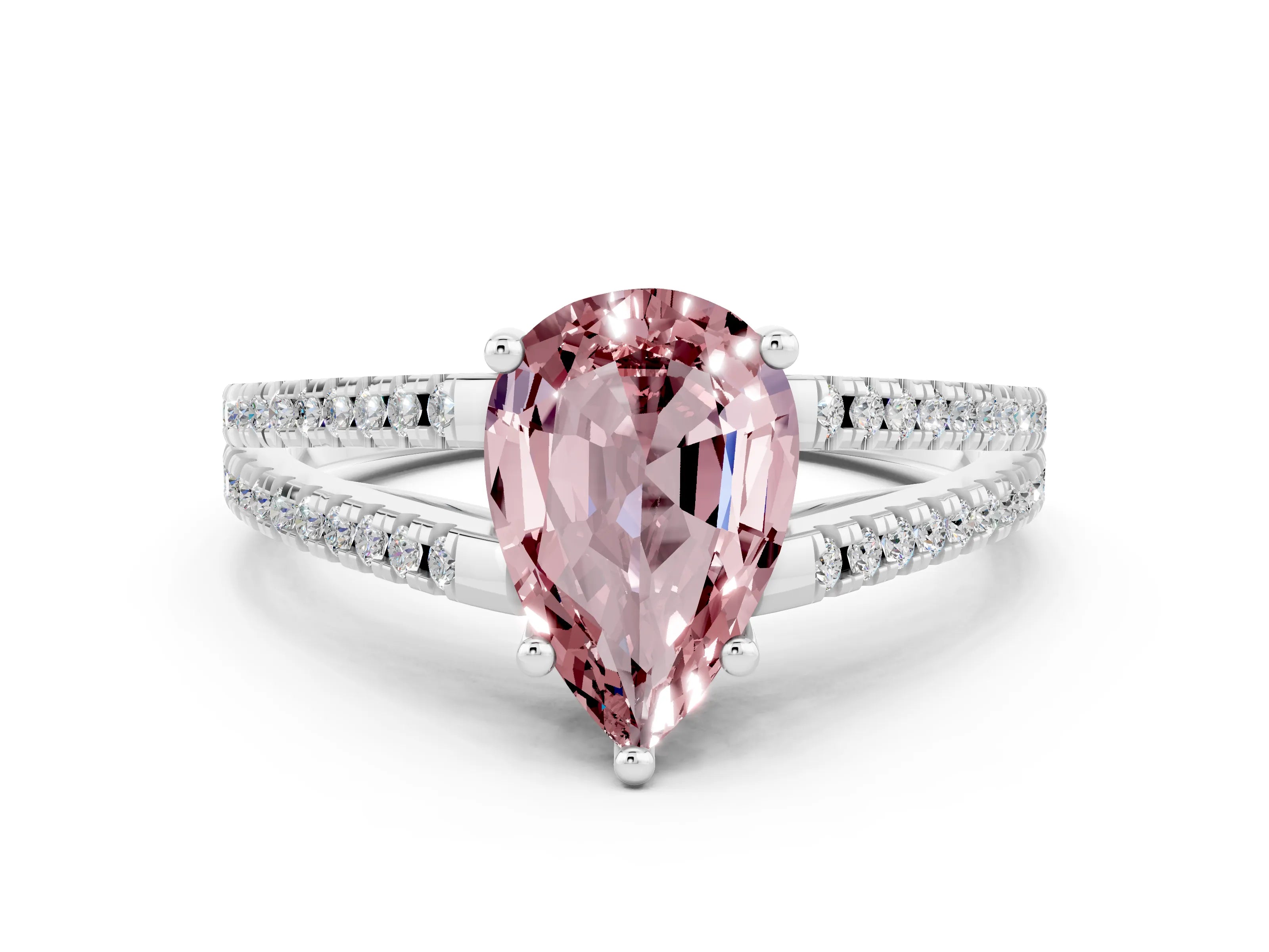 White gold Pear Cut Morganite Solitaire Engagement Ring with Split Shank Pavé Band_12