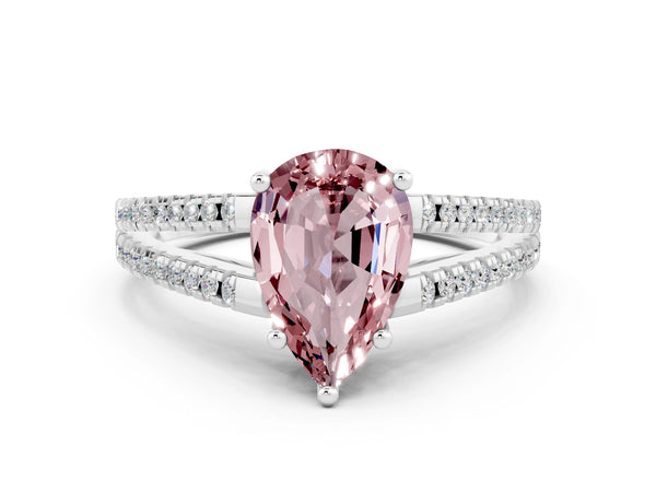 Platinum Pear Cut Morganite Solitaire Engagement Ring with Split Shank Pavé Band