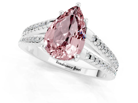 White gold Pear Cut Morganite Solitaire Engagement Ring with Split Shank Pavé Band_13