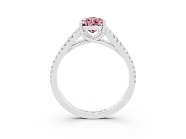 Platinum Pear Cut Morganite Solitaire Engagement Ring with Split Shank Pavé Band