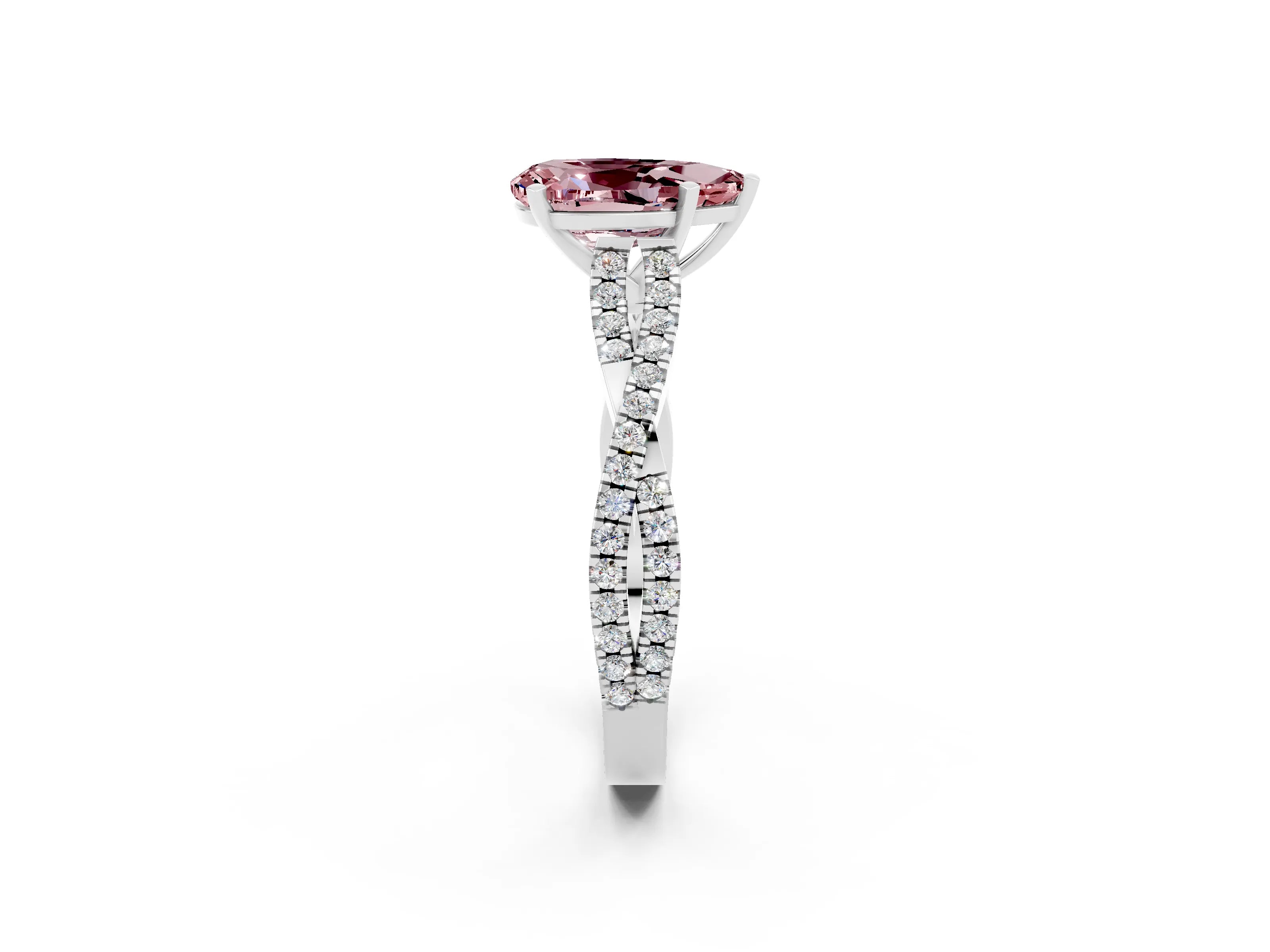 White gold Pear Cut Morganite Solitaire Engagement Ring with Twisted Pavé Band and Four-Prong Setting_2