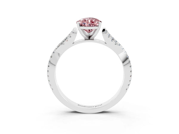 White gold Pear Cut Morganite Solitaire Engagement Ring with Twisted Pavé Band and Four-Prong Setting