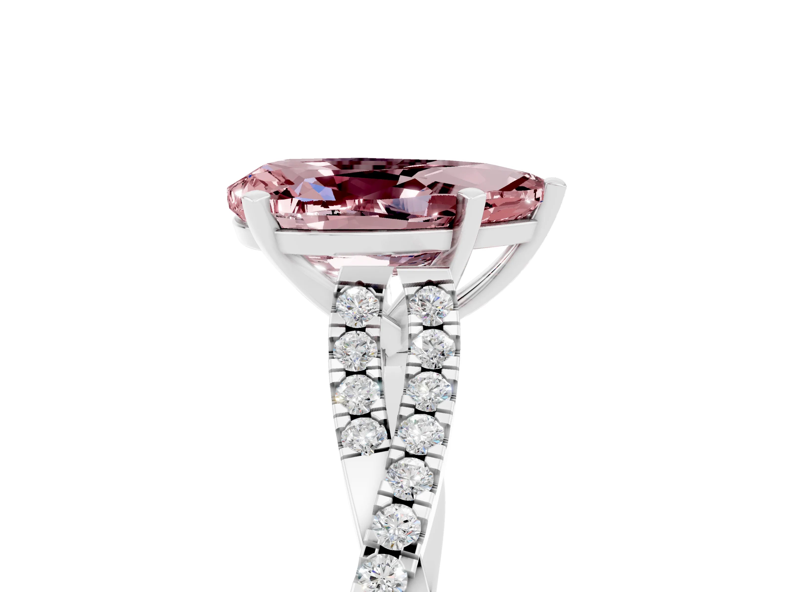 White gold Pear Cut Morganite Solitaire Engagement Ring with Twisted Pavé Band and Four-Prong Setting_5
