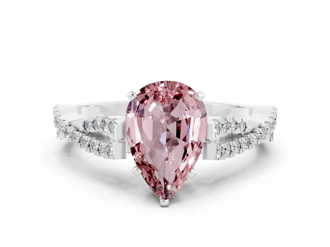 White gold Pear Cut Morganite Solitaire Engagement Ring with Twisted Pavé Band and Four-Prong Setting