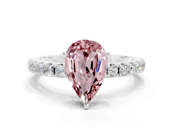 Silver Pear Cut Morganite Solitaire Pavé Band with Four-Prong Setting