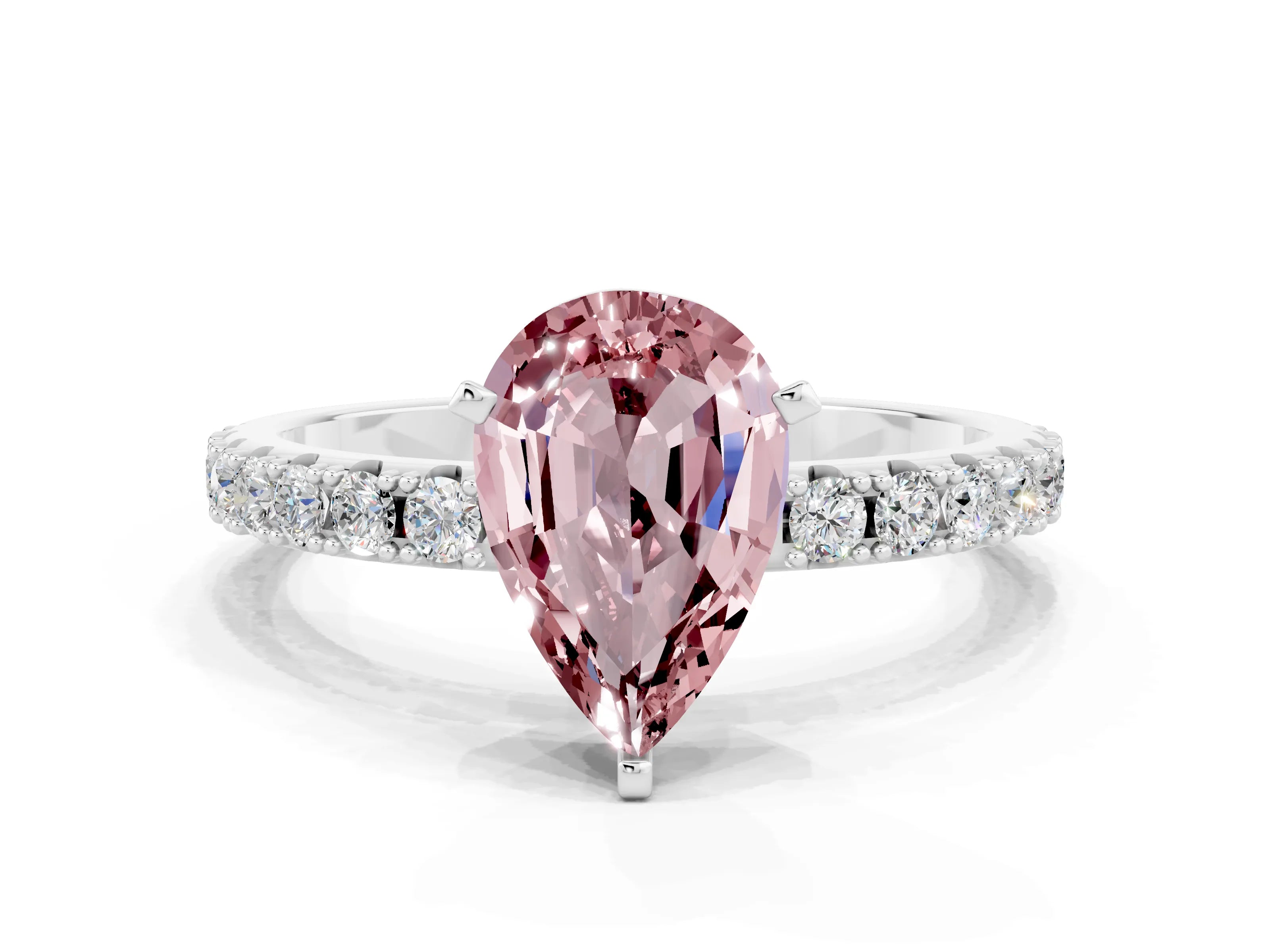 White gold Pear Cut Morganite Solitaire Pavé Band with Four-Prong Setting
