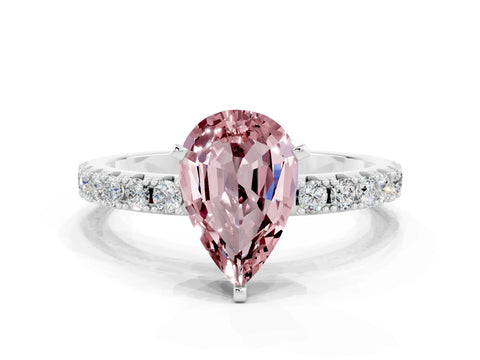 White gold Pear Cut Morganite Solitaire Pavé Band with Four-Prong Setting
