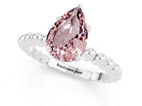 White gold Pear Cut Morganite Solitaire Ring with Beaded Band and Prong Setting_13