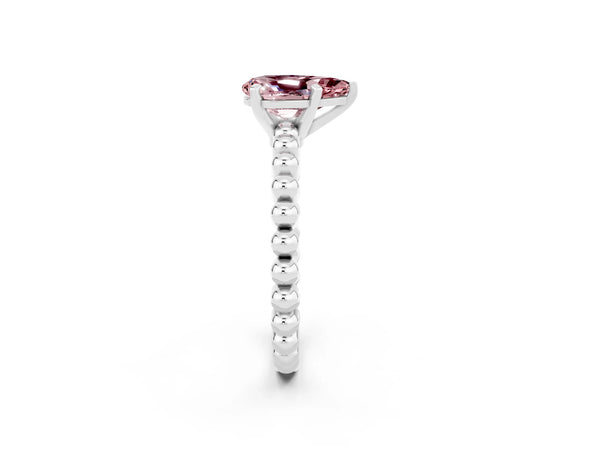 Silver Pear Cut Morganite Solitaire Ring with Beaded Band and Prong Setting