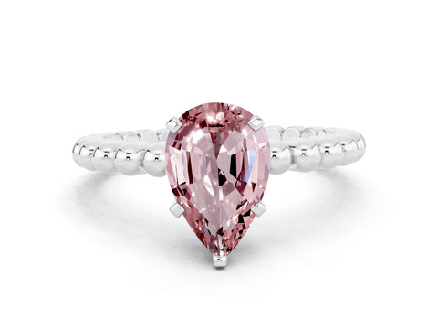 White gold Pear Cut Morganite Solitaire Ring with Beaded Band and Prong Setting