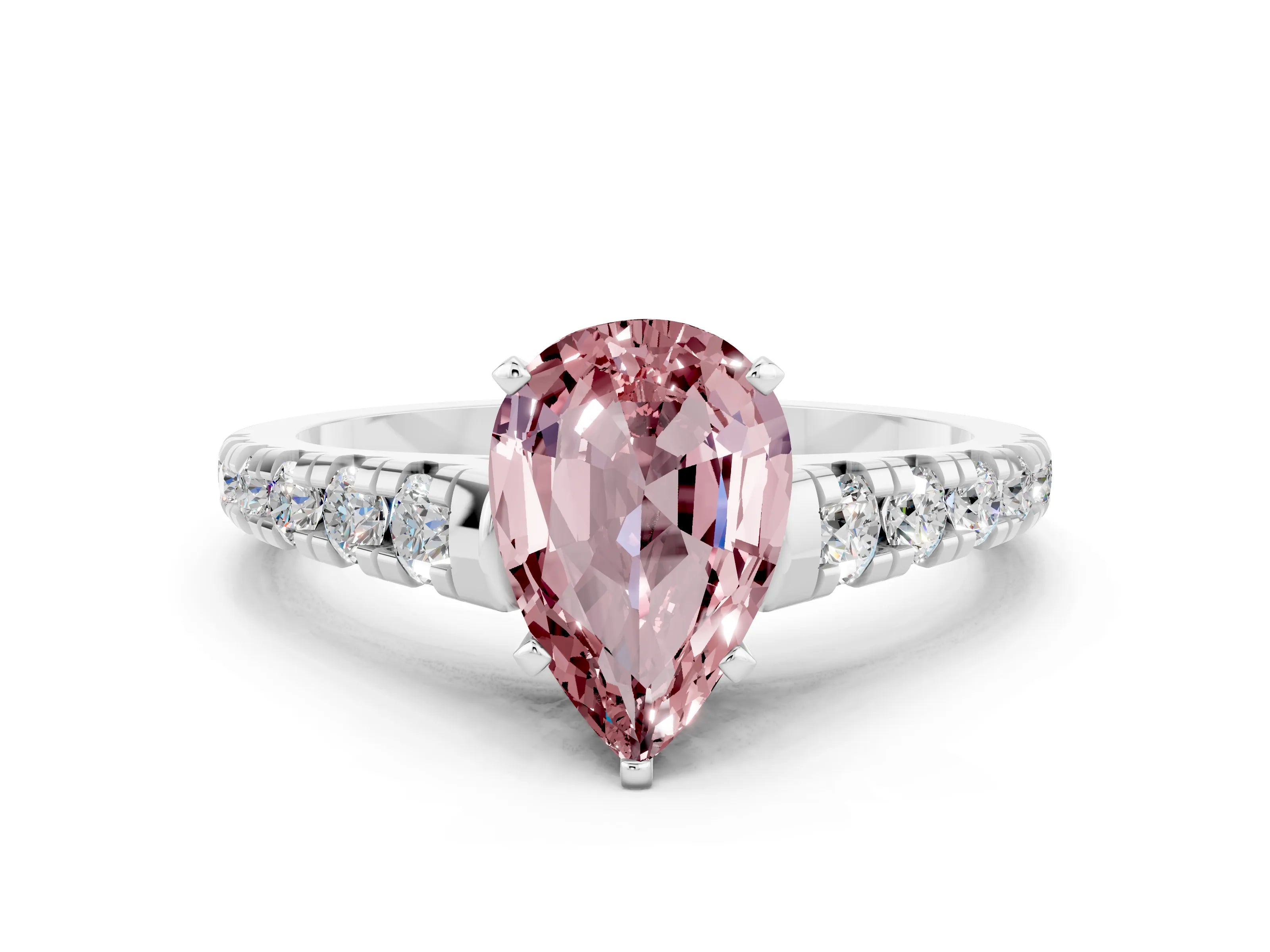 White gold Pear Cut Morganite Solitaire Ring with Cathedral Setting and Pavé Band