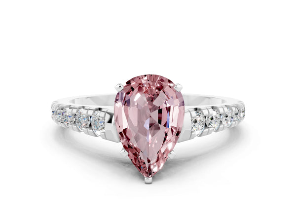 Platinum Pear Cut Morganite Cathedral Solitaire Ring with Round  Pavé Band