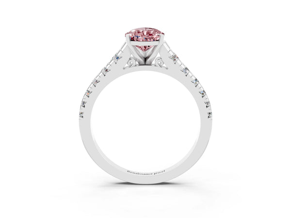 White gold Pear Cut Morganite Cathedral Solitaire Ring with Round  Pavé Band