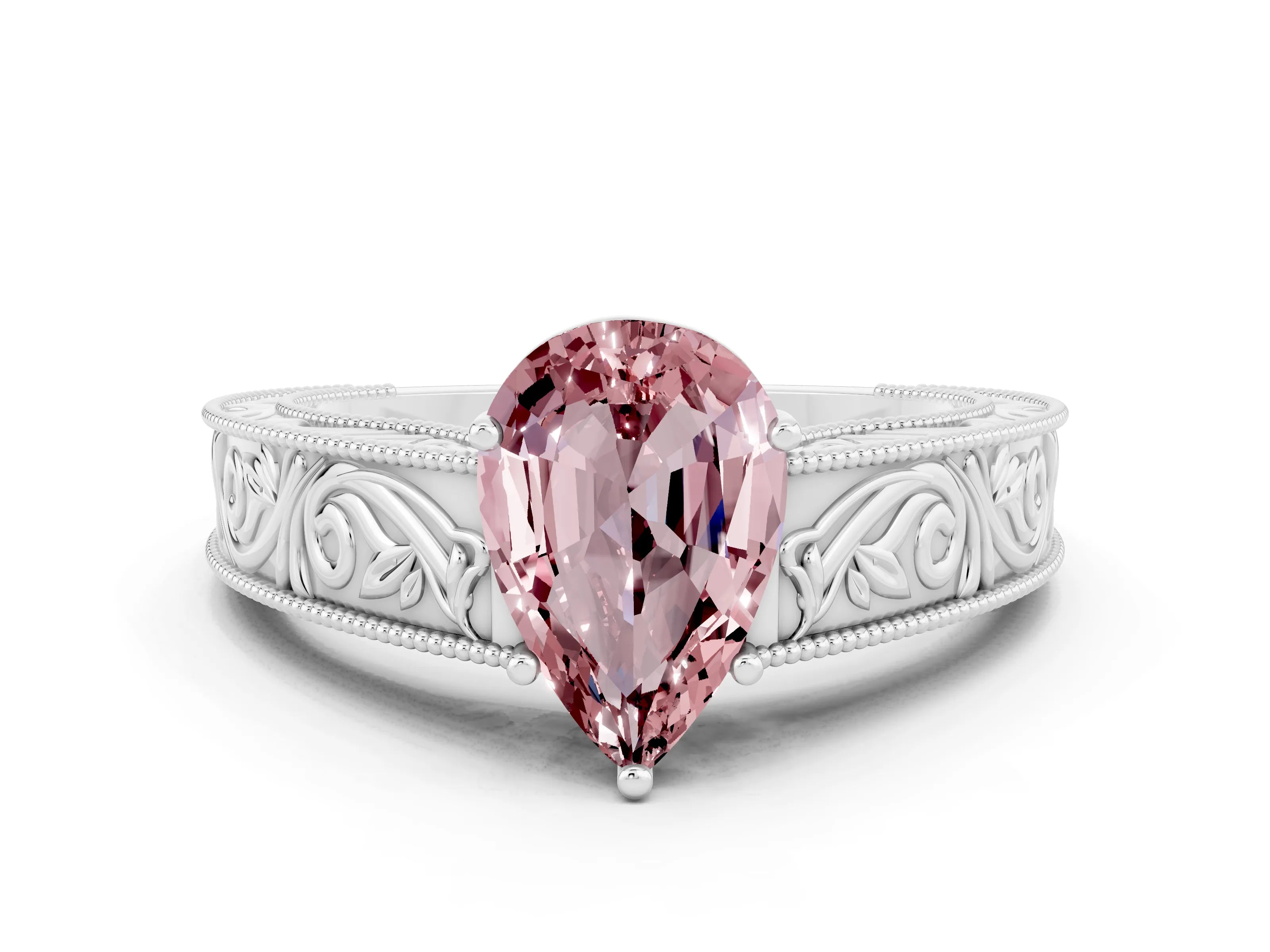 White gold Pear Cut Morganite Solitaire Ring with Engraved Band and Four-Prong Setting