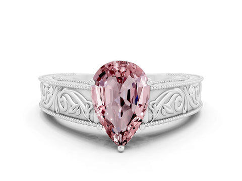 White gold Pear Cut Morganite Solitaire Ring with Engraved Band and Four-Prong Setting