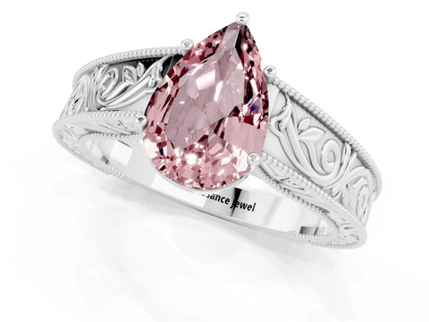 White gold Pear Cut Morganite Solitaire Ring with Engraved Band and Four-Prong Setting_1