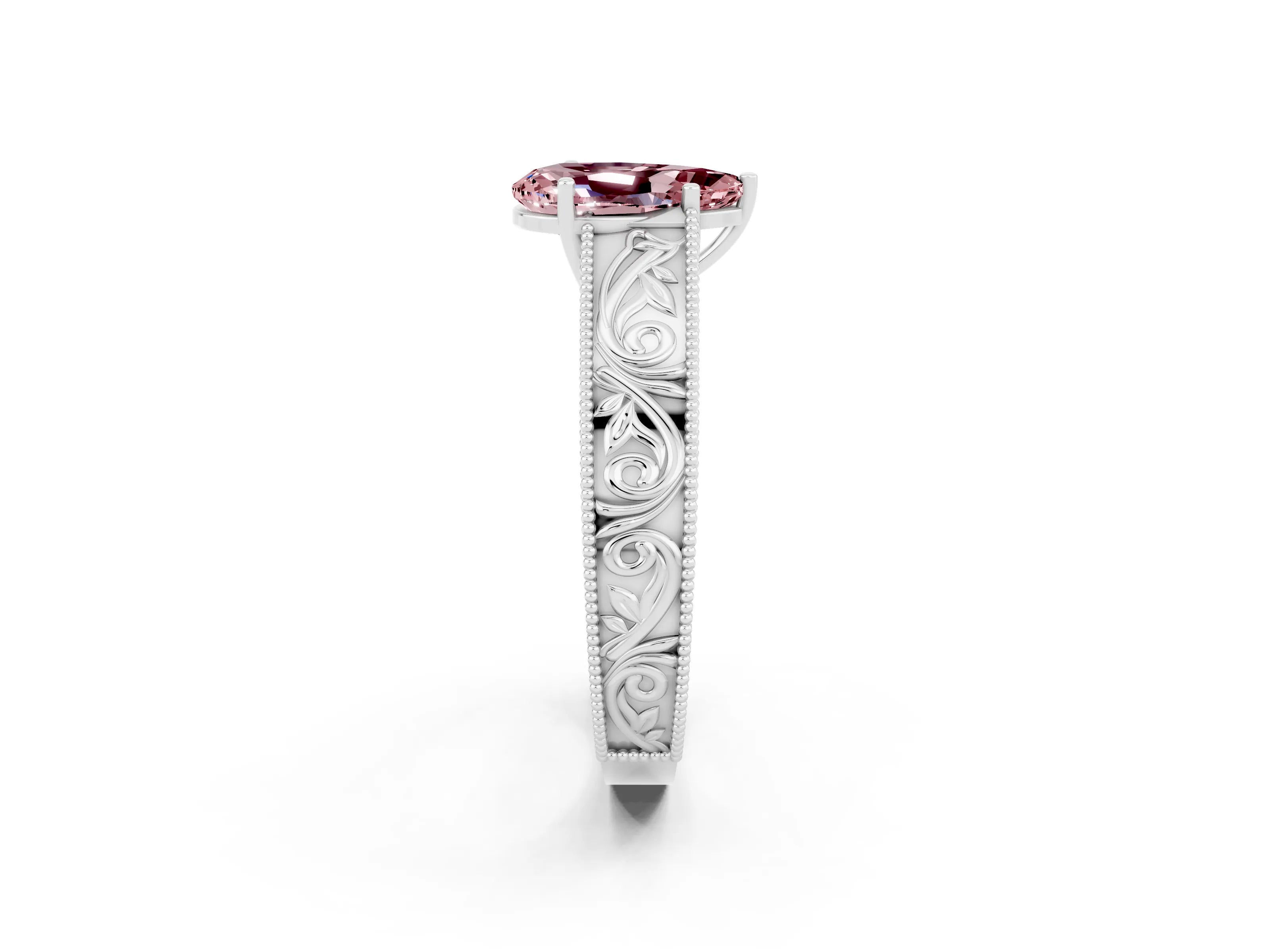White gold Pear Cut Morganite Solitaire Ring with Engraved Band and Four-Prong Setting_2