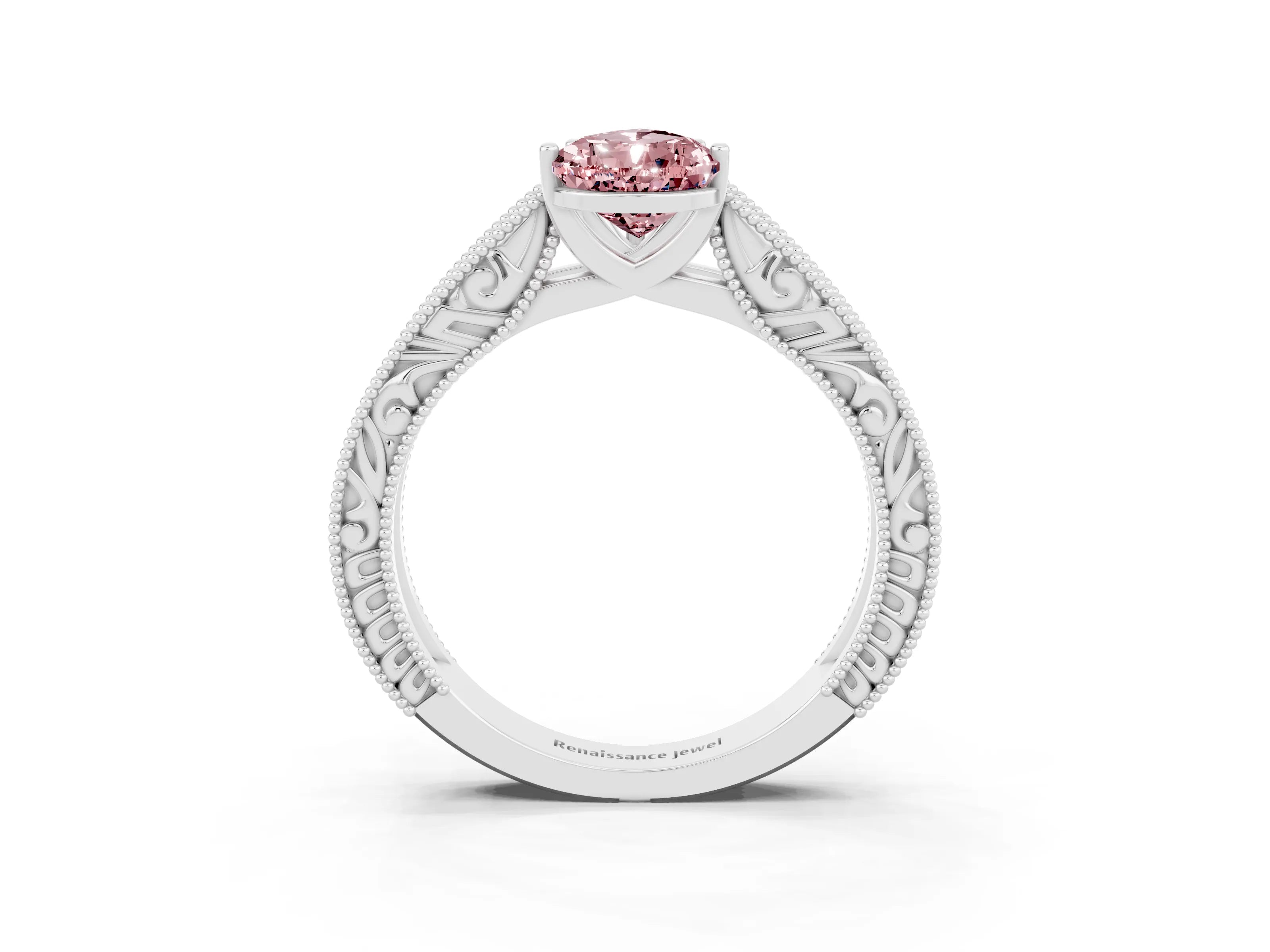 White gold Pear Cut Morganite Solitaire Ring with Engraved Band and Four-Prong Setting_3