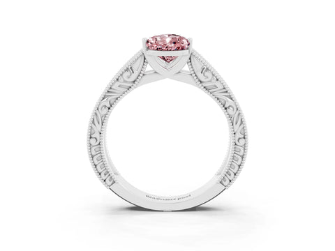 White gold Pear Cut Morganite Solitaire Ring with Engraved Band and Four-Prong Setting_3
