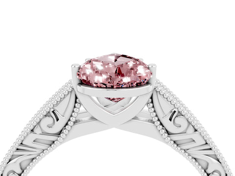 White gold Pear Cut Morganite Solitaire Ring with Engraved Band and Four-Prong Setting_4