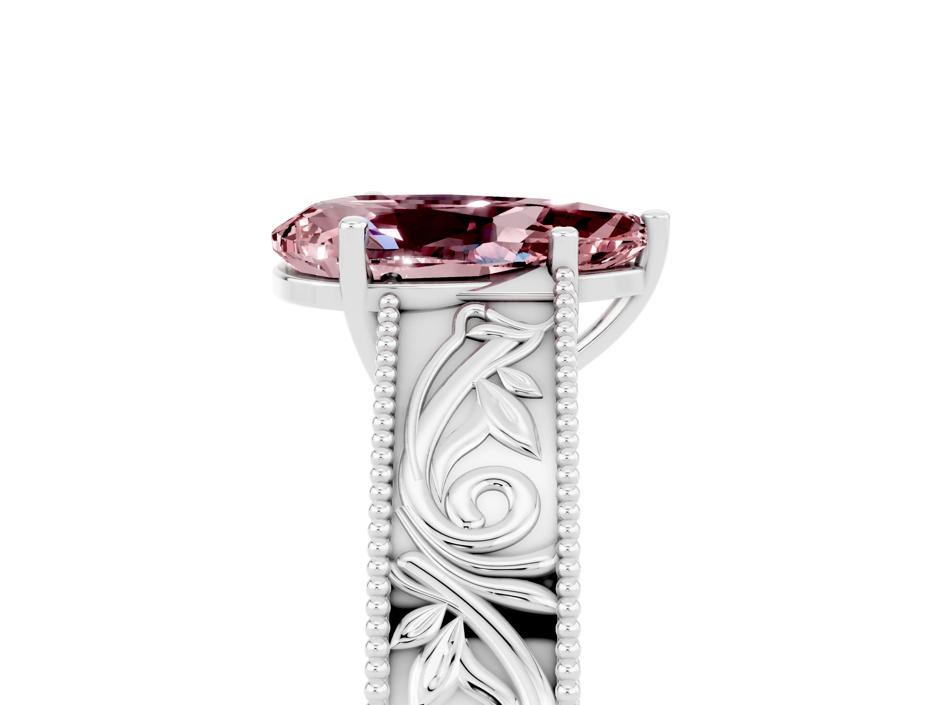 White gold Pear Cut Morganite Solitaire Ring with Engraved Band and Four-Prong Setting_5
