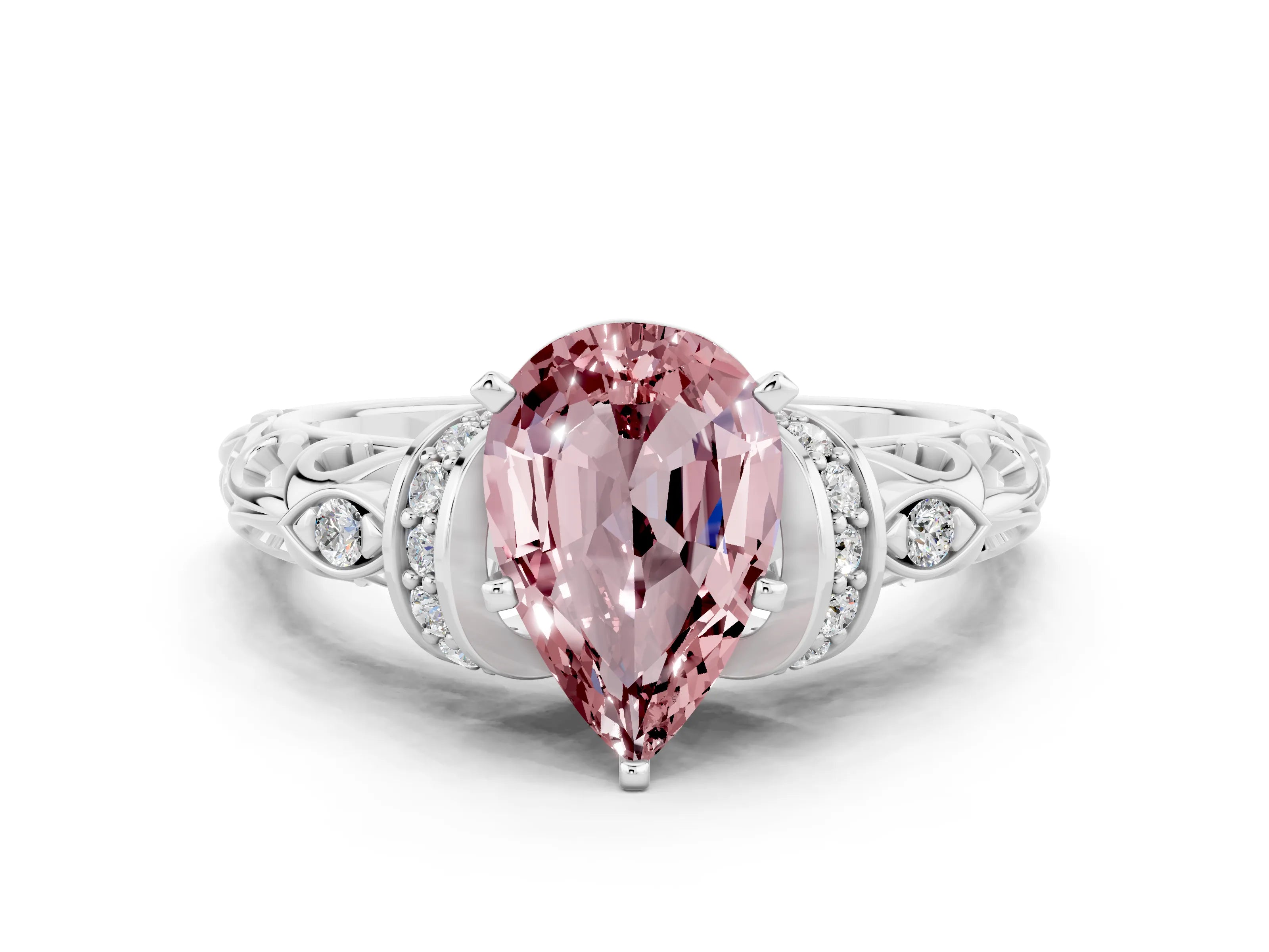 White gold Pear Cut Morganite Solitaire Ring with Filigree Band and Four-Prong Setting_24