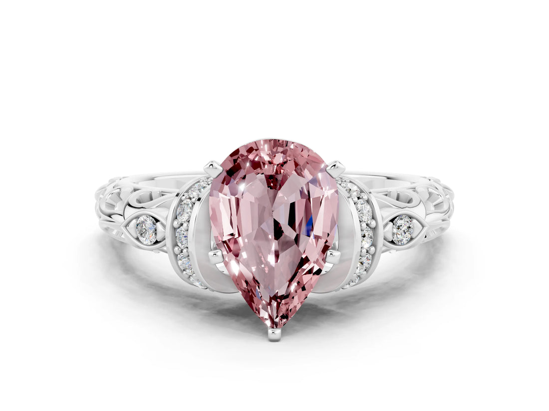 White gold Pear Cut Morganite Solitaire Ring with Filigree Band and Four-Prong Setting_24