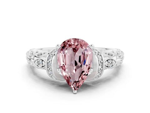 White gold Pear Cut Morganite Solitaire Ring with Filigree Band and Four-Prong Setting_24