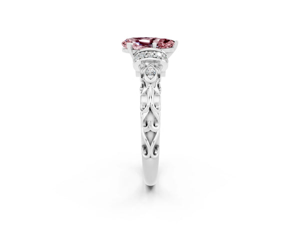 White gold Pear Cut Morganite Solitaire Ring with Filigree Band and Four-Prong Setting